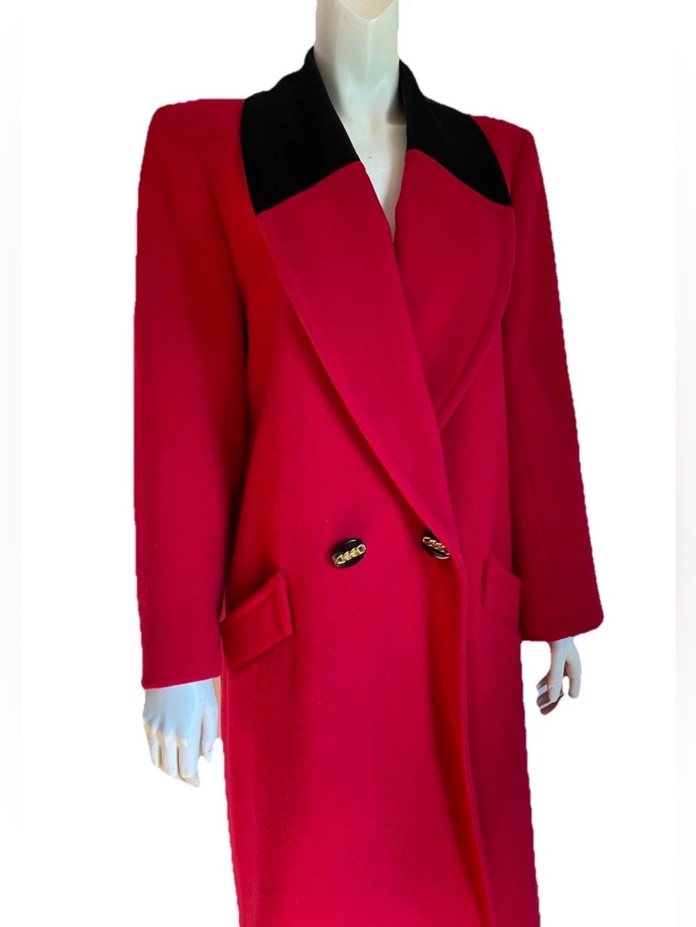 Vintage Equestrian RED WOOL LONG COAT Black Velvet Donnybrook Trench Winter 80s
